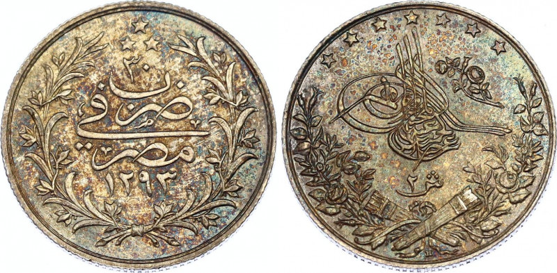 Egypt 2 Qirsh 1876 AH 1293//30 H
KM# 293; N# 25376; Silver; Abdul Hamid II; UNC...