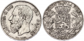 Belgium 5 Francs 1870
KM# 24, LA# BFM-127; N# 276; Silver; Leopold II; XF
