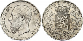 Belgium 5 Francs 1873
KM# 24; N# 276; Silver; Léopold II; Mint: Brussels; AUNC-