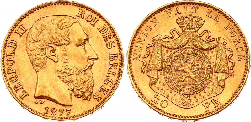 Belgium 20 Francs 1877
KM# 37; N# 7499; Gold (.900) 6.45 g.; Léopold II; Mint: ...