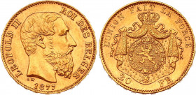 Belgium 20 Francs 1877
KM# 37; N# 7499; Gold (.900) 6.45 g.; Léopold II; Mint: Brussels; UNC