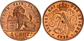 Belgium 1 Centime 1912
KM# 76; Schön# 34; N# 497; Copper; Albert I; Mint: Brussels; UNC