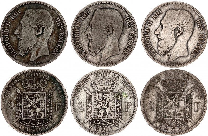 Belgium 3 x 2 Francs 1866 - 1868
KM# 30.1; N# 277; Silver; Léopold II; Mint: Br...