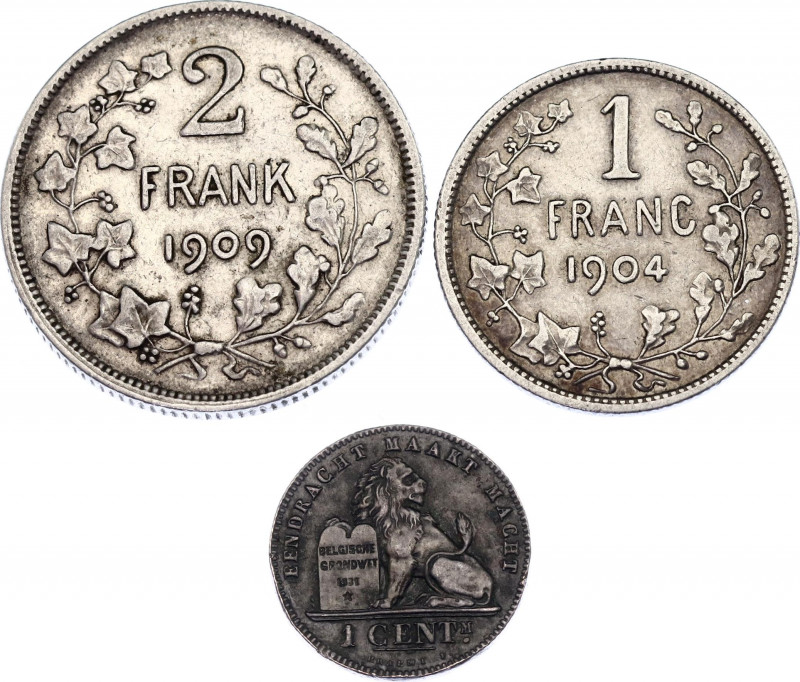 Belgium Lot of 3 Coins 1887 - 1909
1 Franc 1904, 2 Frank 1909, 1 Centime 1887. ...