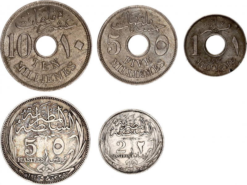 Egypt Lot of 5 Coins 1917 H
KM# 313; 315; 316; 317.2; 318.2; Copper-Nickel & Si...