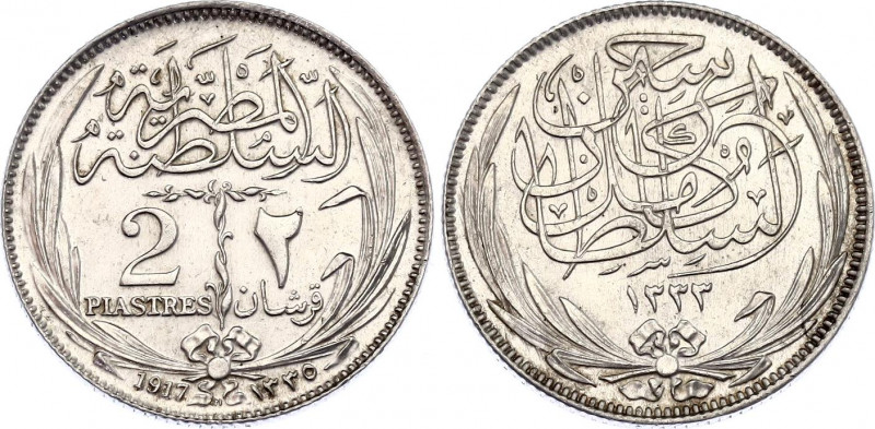 Egypt 2 Piastres 1917 H
KM# 317.2; N# 18223; Silver; Hussein Kamel; AUNC-UNC