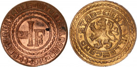 Belgium Ghent 1 Franken Token 1915 German Occupation WW I
KM# Tn2; N# 20466; Brass plated Iron; Albert I; AUNC