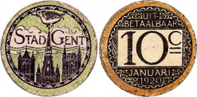 Belgium Ghent 10 Centimes Token 1920 Notgeld
LA# BLU-GT5.1; N# 86312; Cardboard; Albert I; VF-XF