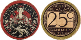 Belgium Ghent 25 Centimes Token 1920 Notgeld
LA# BLU-GT5.2; N# 196106; Cardboard; Albert I; XF