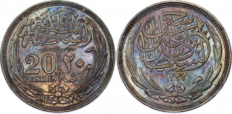 Egypt 20 Piastres 1917 AH 1335
KM# 321; Silver; Hussein Kamel; AUNC/UNC with ni...