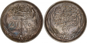 Egypt 20 Qirsh / 20 Piastres 1917 AH 1333
KM# 321; Silver; Hussein Kamel; Mint: Bombay; UNC Toned