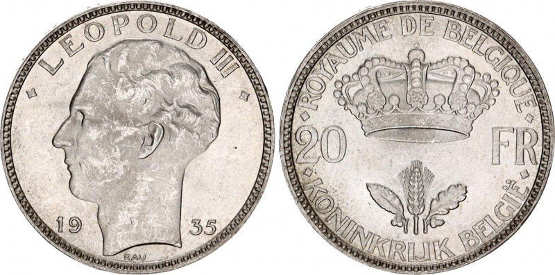 Belgium 20 Francs 1935
KM# 105; Schön# 69; N# 2138; Silver; Léopold III; MInt: ...