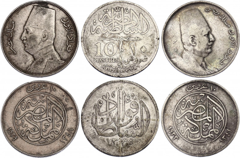 Egypt Lot of 10 Piastres 1920 - 1929
N# 28420; N# 25074; N# 25075; Silver; VF-X...