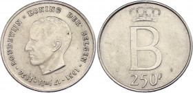 Belgium 250 Francs 1976
KM# 158, LA# BFM-204, LA# BFM-206, Mor# 781, Schön# 127; N# 7146; Silver; Baudouin I; 25th Anniversary of Accession of Baudou...