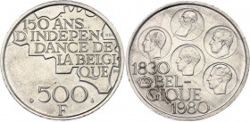 Belgium 500 Francs 1980
KM# 161, LA# BFM-214, Mor# 800, Schön# 130; N# 6723; Silver; Baudouin I; 150th Anniversary of Independence; AUNC