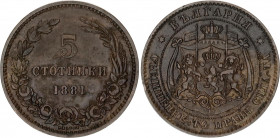 Bulgaria 5 Stotinki 1881
KM# 2; Bronze; Alexander I; Mint: Heaton's Mint, Birmingham; XF-AUNC Toned