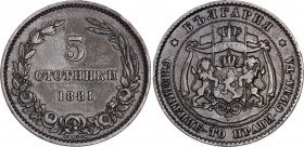 Bulgaria 5 Stotinki 1881 HEATON
KM# 2; N# 8869; Bronze; Alexander I; VF