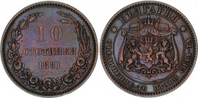 Bulgaria 10 Stotinki 1881
KM# 3; Bronze; Alexander I; Mint: Heaton's Mint, Birmingham; AUNC Toned
