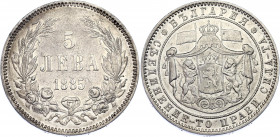 Bulgaria 5 Leva 1885
KM# 7; Silver 24.62 g.; Alexander I; XF-AUNC