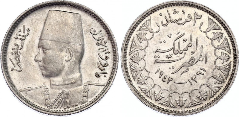 Egypt 2 Qirsh 1942 (AH1361)
KM# 365, Schön# 70; N# 8864; Silver; Farouk I; UNC