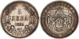 Bulgaria 5 Leva 1885
KM# 7; Silver; Alexander I; Mint: St. Petersburg; XF Toned