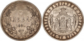 Bulgaria 5 Leva 1885
KM# 7; Silver; Alexander I; Mint: St. Petersburg; XF- Toned
