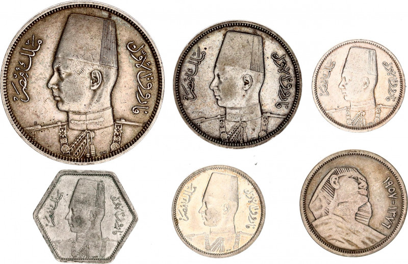 Egypt Lot of 6 Coins 1937 - 1957
KM# 369; 366; 365x2; 367; 382; Silver; Farouk ...