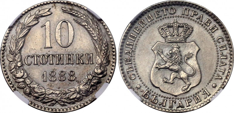 Bulgaria 10 Stotinki 1888 NGC UNC
KM# 10; N# 15659; Copper-nickel; Ferdinand I;...