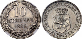 Bulgaria 10 Stotinki 1888 NGC UNC
KM# 10; N# 15659; Copper-nickel; Ferdinand I; NGC UNC Details, polished