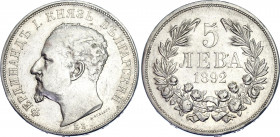 Bulgaria 5 Leva 1892 KB
KM# 15; Silver; Ferdinand I; Mint: Kremnitz; XF
