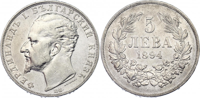 Bulgaria 5 Leva 1894 KB
KM# 18; Silver 24.64 g.; Ferdinand I; XF-AUNC