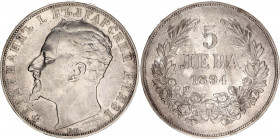 Bulgaria 5 Leva 1894 KB
KM# 18; Silver; Ferdinand I; Mint: Kremnitz; XF