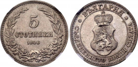Bulgaria 5 Stotinki 1906 NGC AU 58
KM# 24; N# 4678; Copper-nickel; Ferdinand I