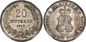 Bulgaria 20 Stotinki 1913 NGC AU 58
KM# 26; N# 4737; Copper-nickel; Ferdinand I