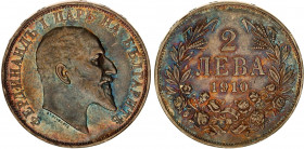 Bulgaria 2 Leva 1910
KM# 29; Silver; Ferdinand I; Mint: Vienna; AUNC Toned