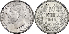 Bulgaria 50 Stotinki 1913 NGC MS 61
KM# 30; Schön# 30; Silver; Ferdinand I; Mint: Kremnitz; UNC Toned