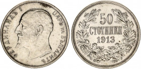 Bulgaria 50 Stotinki 1913
KM# 30; Schön# 30; Silver; Ferdinand I; Mint: Kremnitz; UNC Toned