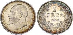 Bulgaria 2 Leva 1913
KM# 32; Ferdinand I; Silver, AUNC, nice patina, mint luster.