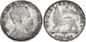 Ethiopia 1 Birr 1897 EE 1889 A
KM# 5; Schön# 6; Silver 27.83 g.; Menelik II; Mint: Paris; VF Toned