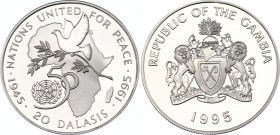 Gambia 20 Dalasis 1995
KM# 37a; Silver., Proof; 50th Anniversary of the United Nations