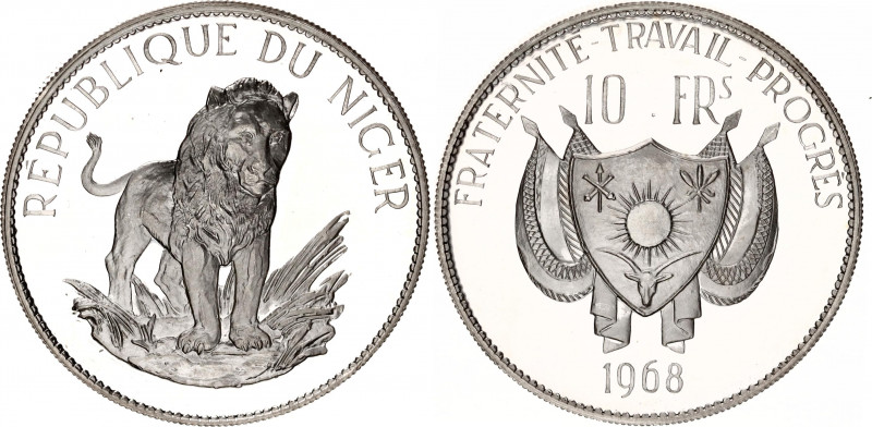 Niger 10 Francs 1968
KM# 8.1; Silver., Proof; Lion; Mintage 1000 Pcs