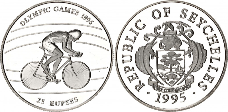 Seychelles 25 Rupees 1995
KM# 97; Silver., Proof; Olympiad, cyclist