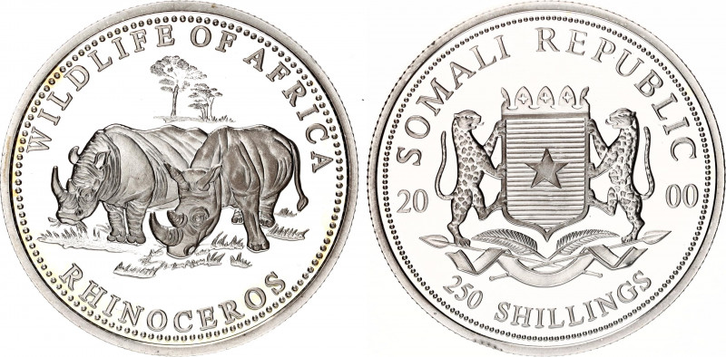 Somalia 250 Shillings 2000
Silver (.999) 20 g., 38.5 mm., Proof; Rhinoceros