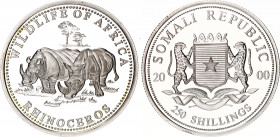 Somalia 250 Shillings 2000
Silver (.999) 20 g., 38.5 mm., Proof; Rhinoceros