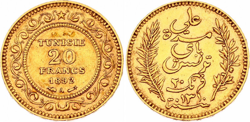 Tunisia 20 Francs 1892 A
KM# 227; N# 7496; Gold (.900) 6.45 g.; Ali III; Mint: ...