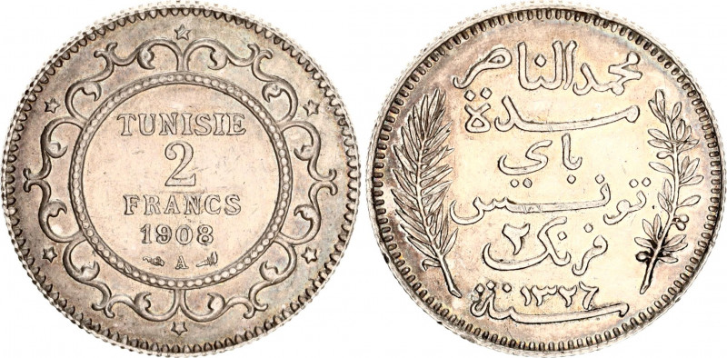 Tunisia 2 Francs 1908 AH 1326 A
KM# 239; N# 11224; Silver; Muhammad V; UNC