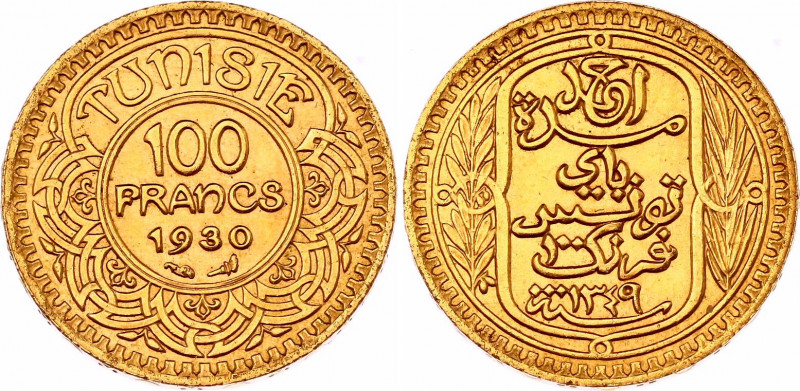 Tunisia 100 Francs 1930
KM# 257; Fr# 14; N# 11229; Gold (.900) 6.55 g.; Ahmad I...