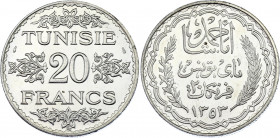 Tunisia 20 Francs 1935 AH 1353
KM# 263; Lec# 364; Silver; Ahmad II; Mint: Paris; UNC