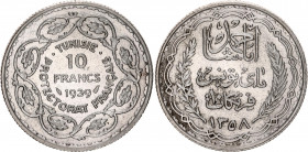 Tunisia 10 Francs 1939 AH 1358
KM# 265; N# 10416; Silver; Ahmad II; French Protectorate; AUNC