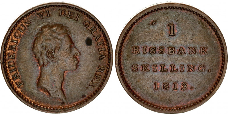 Denmark 1 Rigsbankskilling 1813
KM# 680; N# 22578; Copper; Frederick VI; XF-AUN...